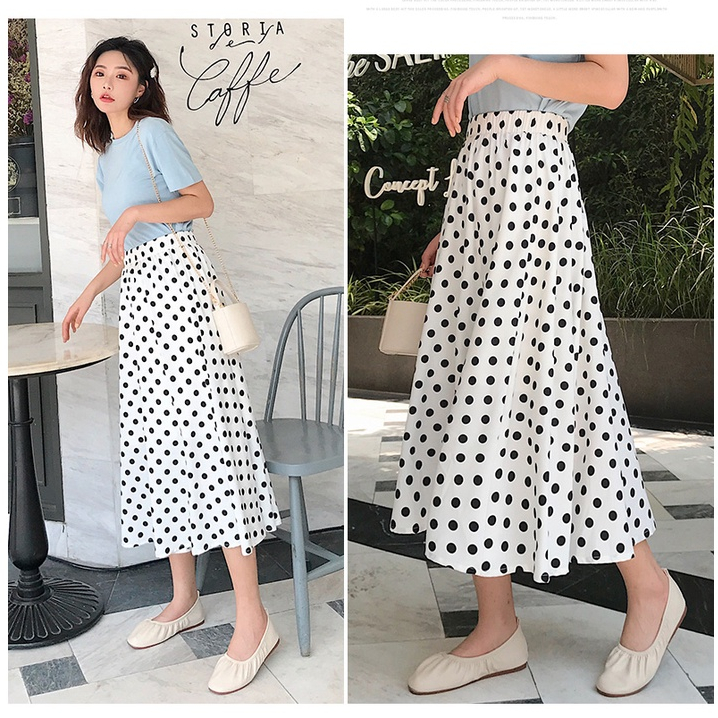 Rok polka dot pinggang tinggi wanita Korea sifon rok A-line rok panjang