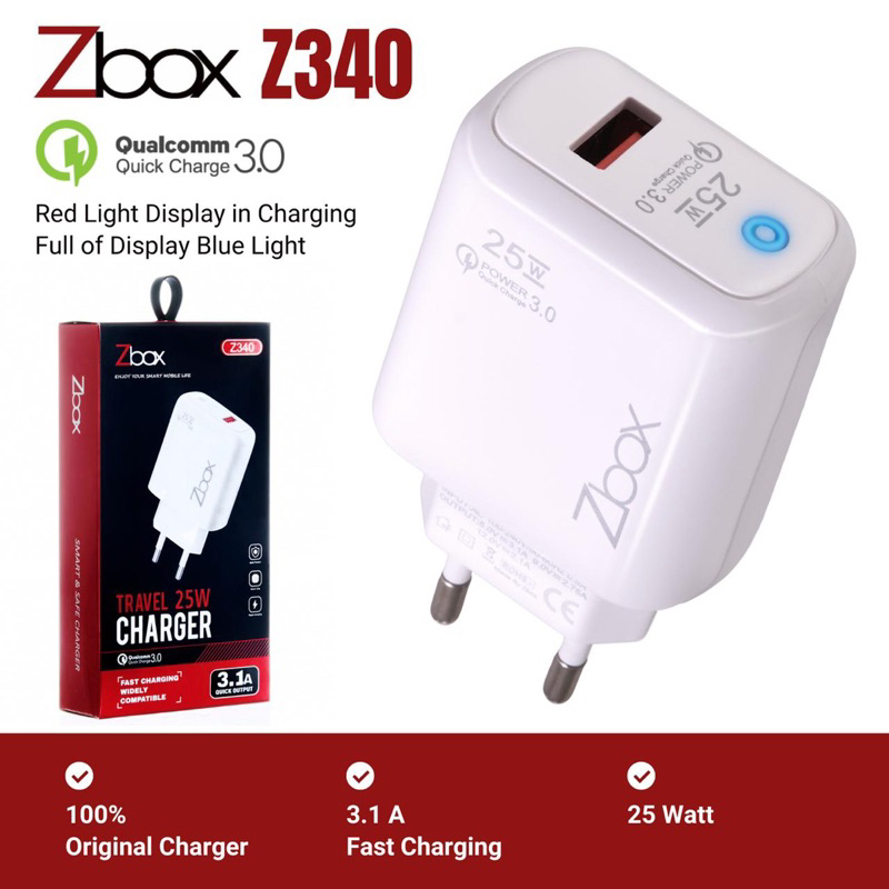 Z-BOX340 SMART ADAPTER CHARGER 25W + KABEL TYPE C ADAPTOR LED QC3.0 25 WATT FAST CHARGING 3.1A