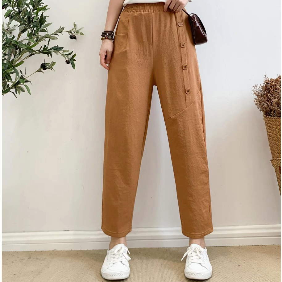 Stok bersih! Impor Unik Katun Celana Dipotong Wanita Celana Kasual Pinggang Tinggi Cropped Trousers Pants