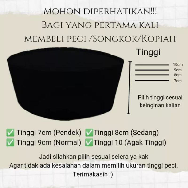 Peci Songkok kopiah kopeah kopya Hitam AC anak Dewasa Tinggi 7cm 8cm 9cm 10cm Bludru halus merek An-Nisa