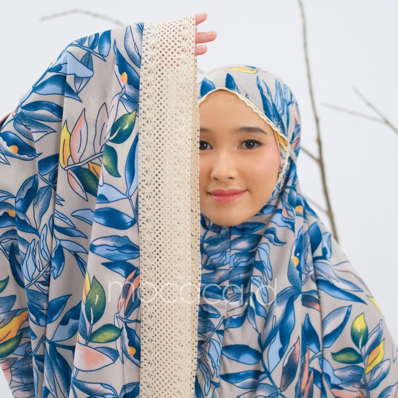 Mukena Dewasa Jumbo 2 in 1 Kayana Motif Bahan Rayon Premium Jatuh Adem Ponco Pouch Tas Sleting Cream - royal blue biru navy