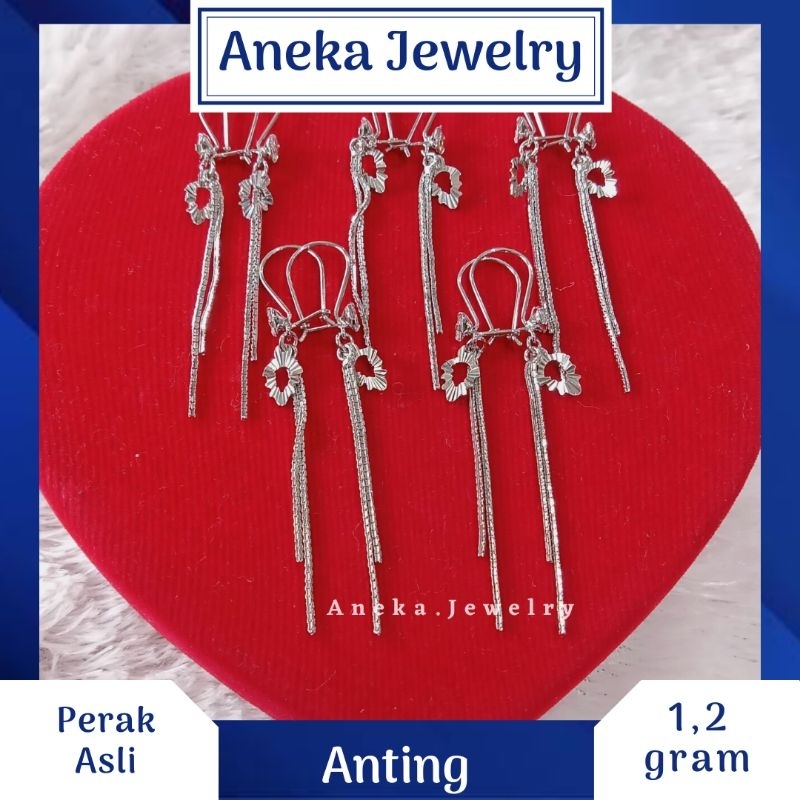 Anting Gantung Daun Ukir 2 Tali, Sepuh Emas Putih, Perak 925