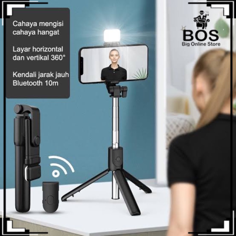 BOS - TONGSIS TRIPOD BLUETOOTH R1S LED 4 IN 1 / SELFIE STICK 4IN1 WITH REMOTE SHUTTER PLUS LAMPU FLASH