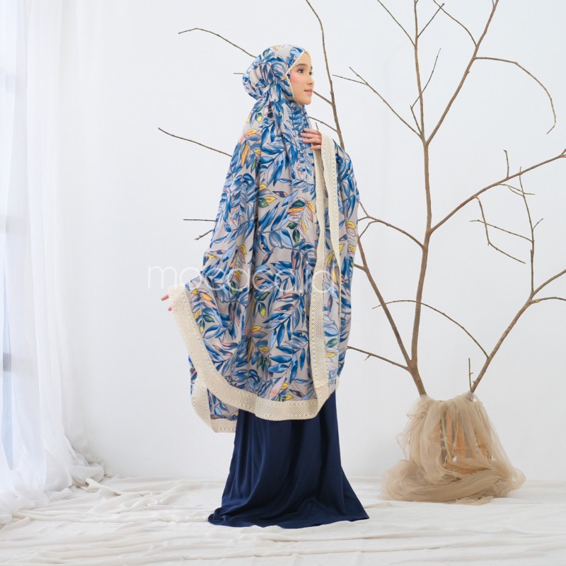 Mukena Dewasa Jumbo 2 in 1 Kayana Motif Bahan Rayon Premium Jatuh Adem Ponco Pouch Tas Sleting Cream - royal blue biru navy