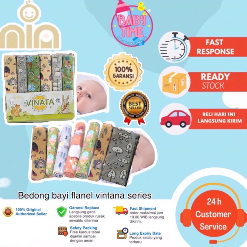 NIA Bedong Set Vinata Flanel Full Print Isi 6 Pcs Vinata / Ecer 1pcs