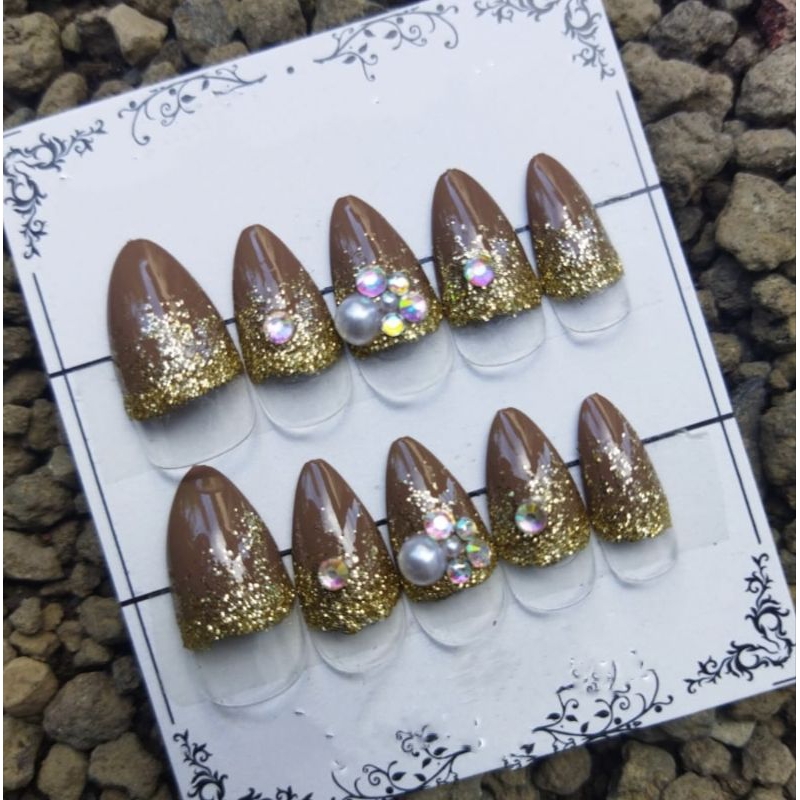 KUKU PALSU HIAS NAIL ART COKLAT MUTIARA / NAIL ART