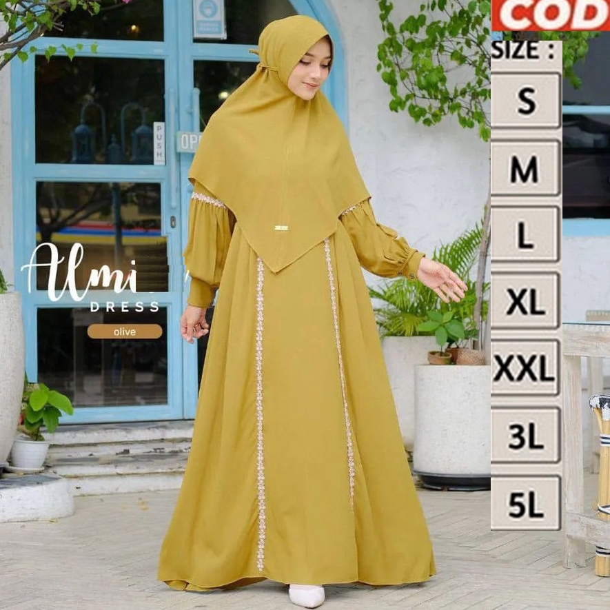 Set Busana / Setelan Gamis Hari Raya Lebaran Kuning Olive Lime Jumbo Kasual Kekinian XXL XXXL 5L LD 