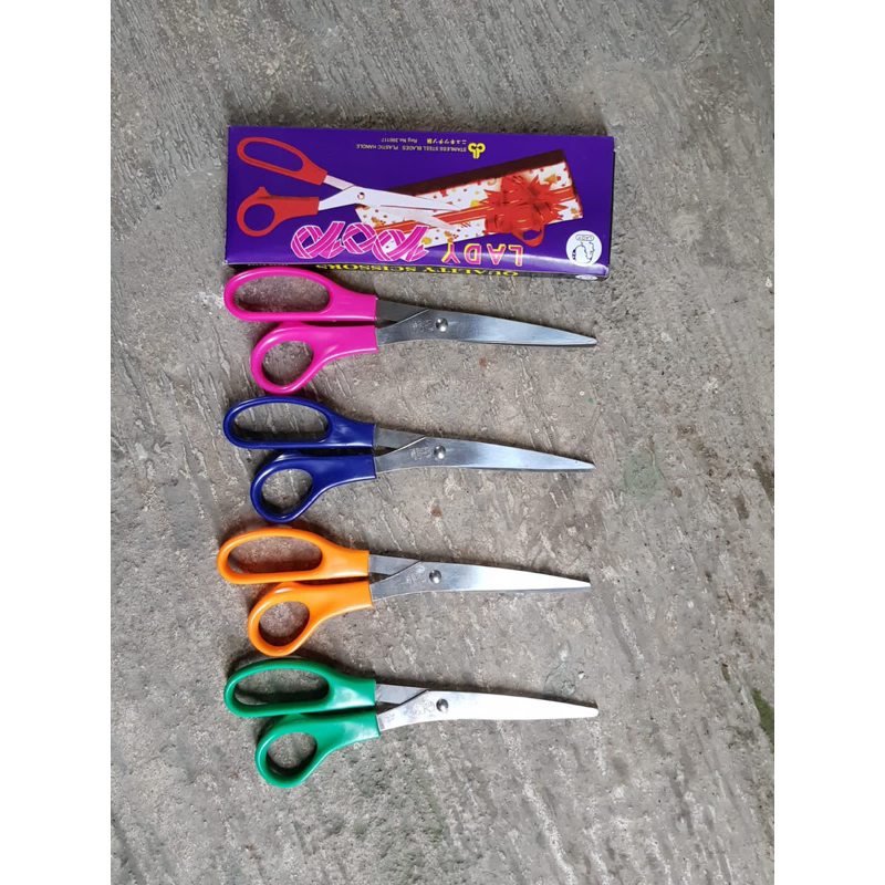 

Gunting jahit kain kertas besar tajam murah lady pop stainless steel blades plastic handle scissors