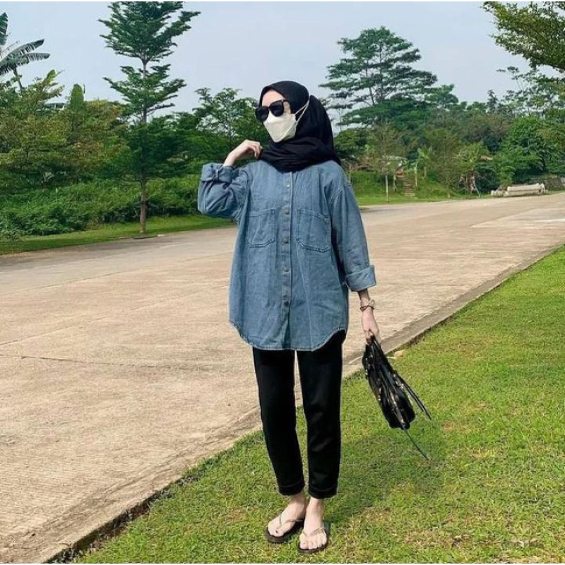 Tamstore Kemeja Oversize Wanita Jeans Atasan Kemeja Denim Lengan Panjang Ootd Kekinian