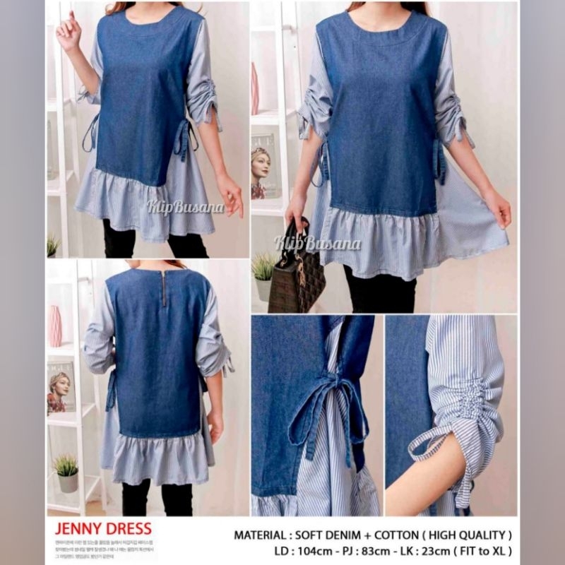 TUNIK JUMBO KEKINIAN BIG SIZE LD 100 110 ATASAN WANITA OVER SIZE L XL XXL JEANS WASH KOMBINASI SALUR