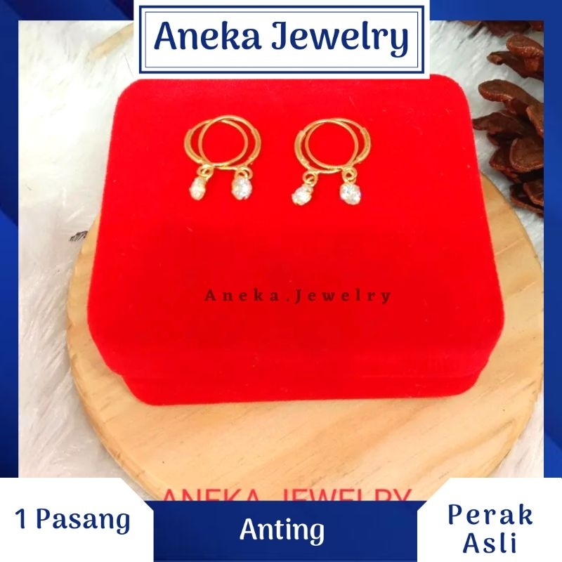 Anting Knip Mata 1 Gantung, Sepuh Emas Kuning, Perak 925