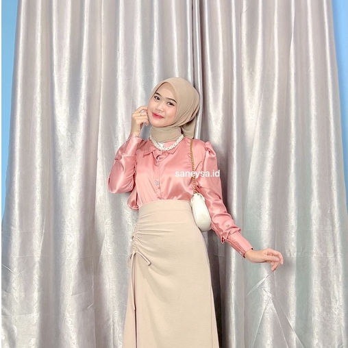 Adella Puffy Shirt - Puffy Shoulder Top - Baju Atasan Puffy - Puffy Blouse Korea - Puffy Houndstooth - Blouse Lengan Balon