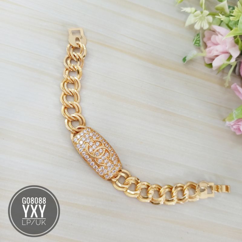 Gelang yaxiya Rantai double plat zircon Gold G08088