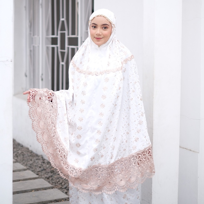 [COD] mukena dewasa jumbo terusan sutra jepang prada coklat renda swarovski bordir murah bonus tas