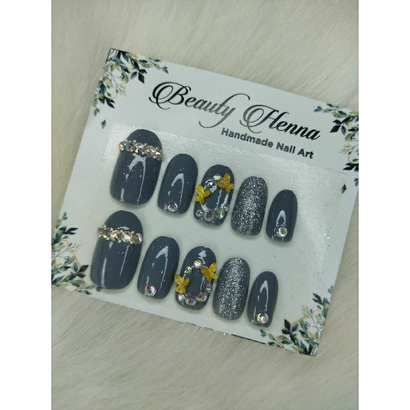 NAIL ART HANDMADE SILVER 10 PCS FRE LEM JELL.hiasan estetik butterfly