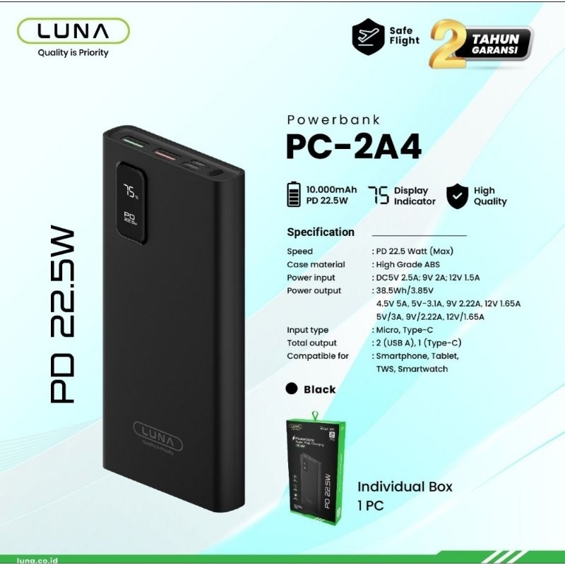 PC-2A4 Luna Powerbank 10000 mAh Fast Charging 22.5 Watt QC PD 3.0 Type C Free Cable Data Dual input POWER BANK