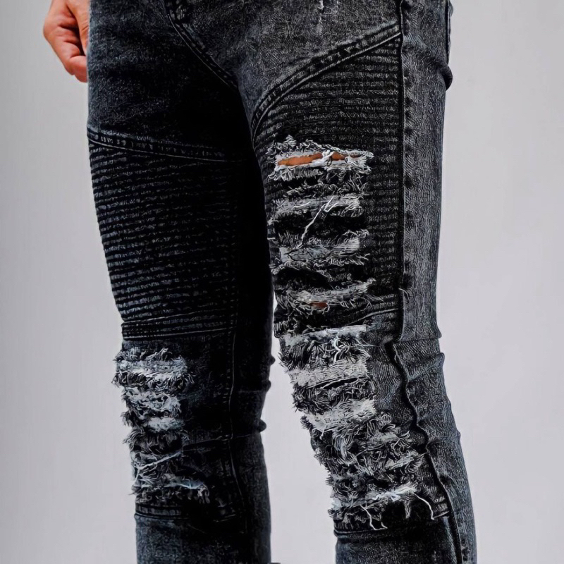 Celana jeans panjang biker snow riped full tembus 27-33 warna classic pria kekinian