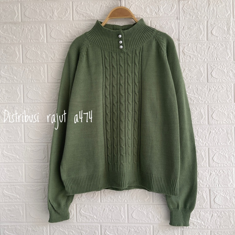 HOZURA SWEATER RAJUT KANCING MUTIARA MOTIF CABLE KERAH TINGGI WANITA OVERSIZE