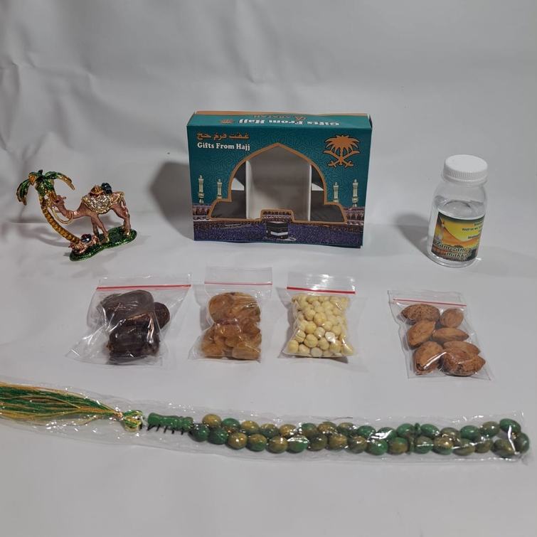 PAKET 8 oleh oleh haji dan umroh air zamzam ori + kacang almond + tasbih