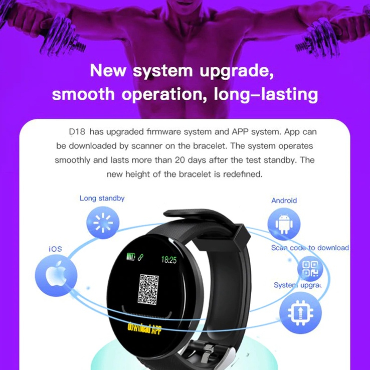 BIDEN JamTangan Pria/Wanita Smart Watch D18 Olahraga Santai Anti Air Multifungsi Tampilan Tali Silikon Smart Watch