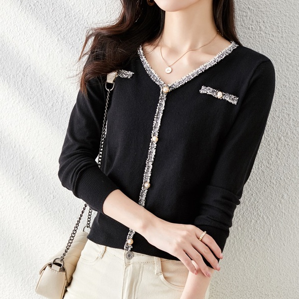 【Elegant】 V-neck Stitching  Knitwear  Tops 7544