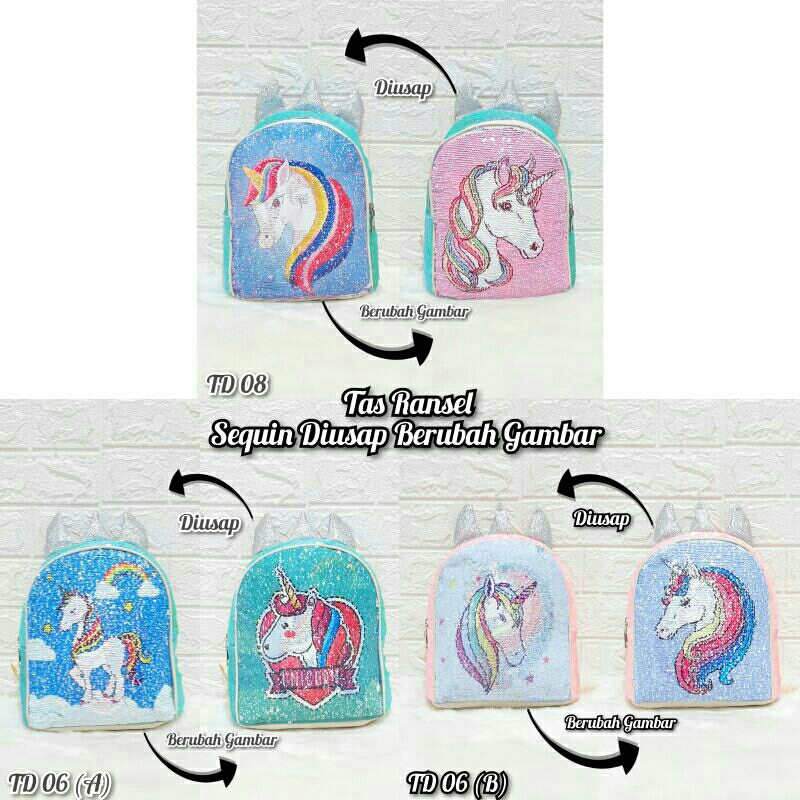 Tas Sequin Unicorn Tanduk Tas Sequin Usap Tas Sekolah Anak Perempuan