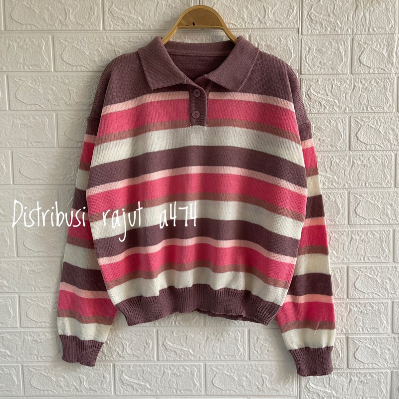 NAVA URBACK POLO SWEATER RAJUT KANCING MOTIF BLASTER STRIPPY ATASASAN WANITA LENGAN PANJANG