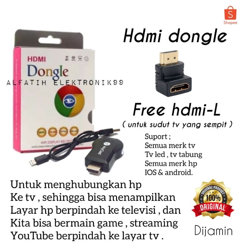 ANYCAST DONGLE TV ANYCAST + SAMBUNGAN HDMI L / ALAT UNTUK MENYAMBUNGKAN HP KE TV / PENGHUBUNG PENYAMBUNG HP KE TV LED LCD