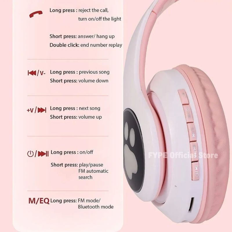 FYPE Headset Kucing LED TWS Bluetooth 5.0 Headphone Extra Bass