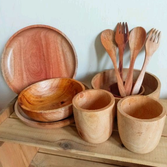 ADDITIONAL ALAT MAKAN KAYU | MANGKOK PIRING GELAS SENDOK GARPU TATAKAN COASTER KAYU MAHONI