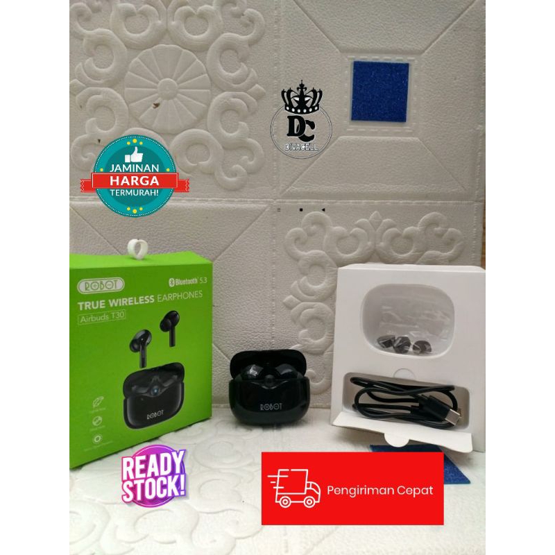 HEADSET BT ROBOT AIRBUDS T30 BLACK TERMURAH