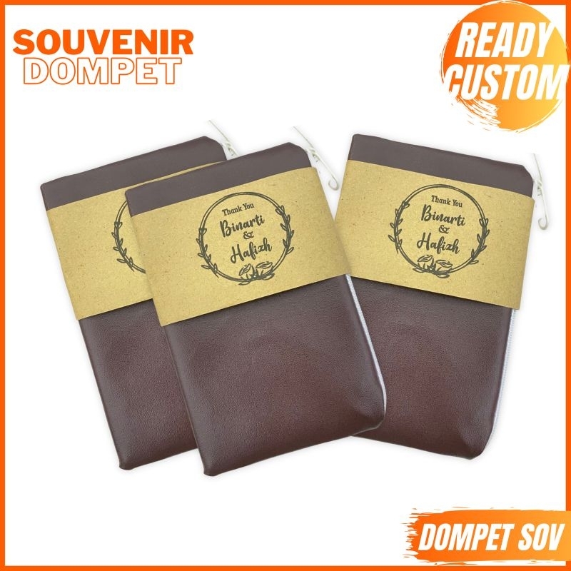 SOUVENIR DOMPET KOIN PERNIKAHAN KHITAN ULTAH TERMURAH BAHAN KULIT SISTESIS PACK THANKS CARD COKLAT+ PLASTIK 8x14