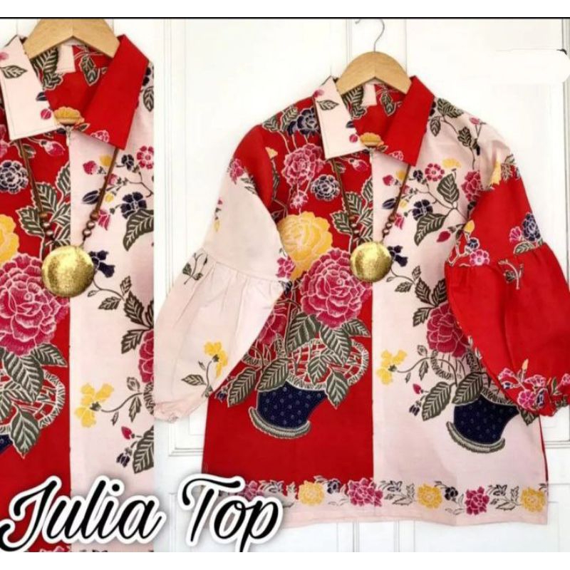 blus batik lengan panjang motif bunga-bunga warna merah bahan katun jahitan rapi