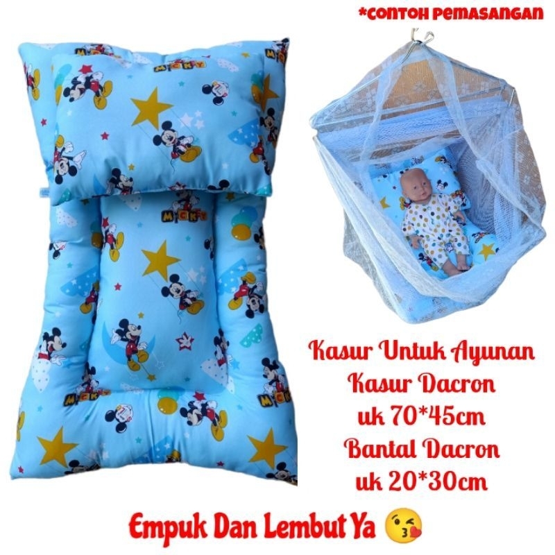 Kasur Ayunan Kain dan Rotan dilengkapi Bantal Bayi Bahan Dacron Empuk Halus Motif Karakter Lucu