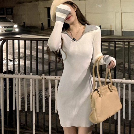 【Elegant】Tight  Mini  V Neck Collared Knit Dress 7540