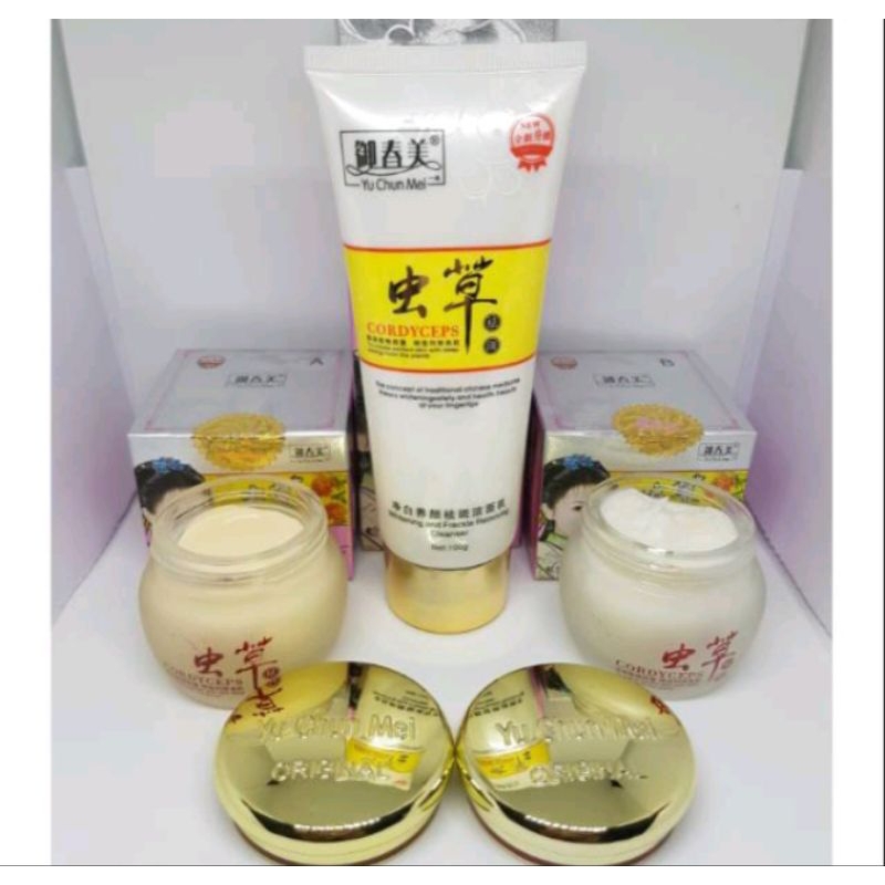 YU CHUN MEI CORDYCEPS PAKET (CREAM SIANG +MALAM+FACIAL FOAM)yu Chen mei original