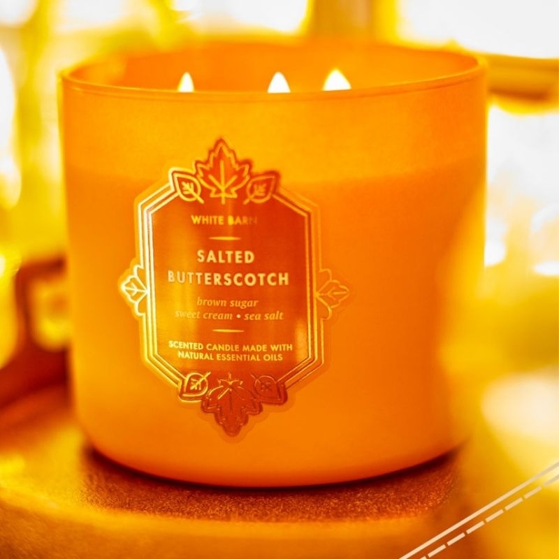 BATH &amp; BODY WORKS BBW SALTED BUTTERSCOTCH 3 WICK CANDLE 411 G LILIN 3 SUMBU PENGAHRUM RUANGAN