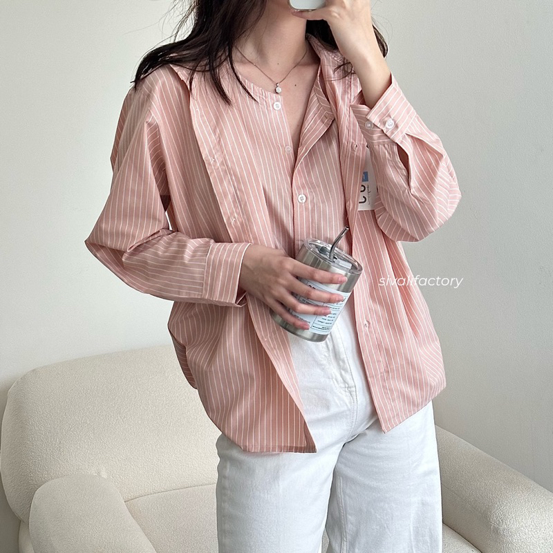 SIVALI Sora Shirt - Stripe Shirt Double Layer - Kemeja Layer Office Kantor Atasan Wanita Lengan Panjang 547