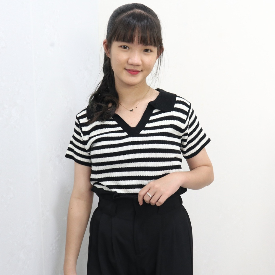 PREMIUM-Atasan Kerah salur polo Rajut Wanita /  Korean Vneck Blouse