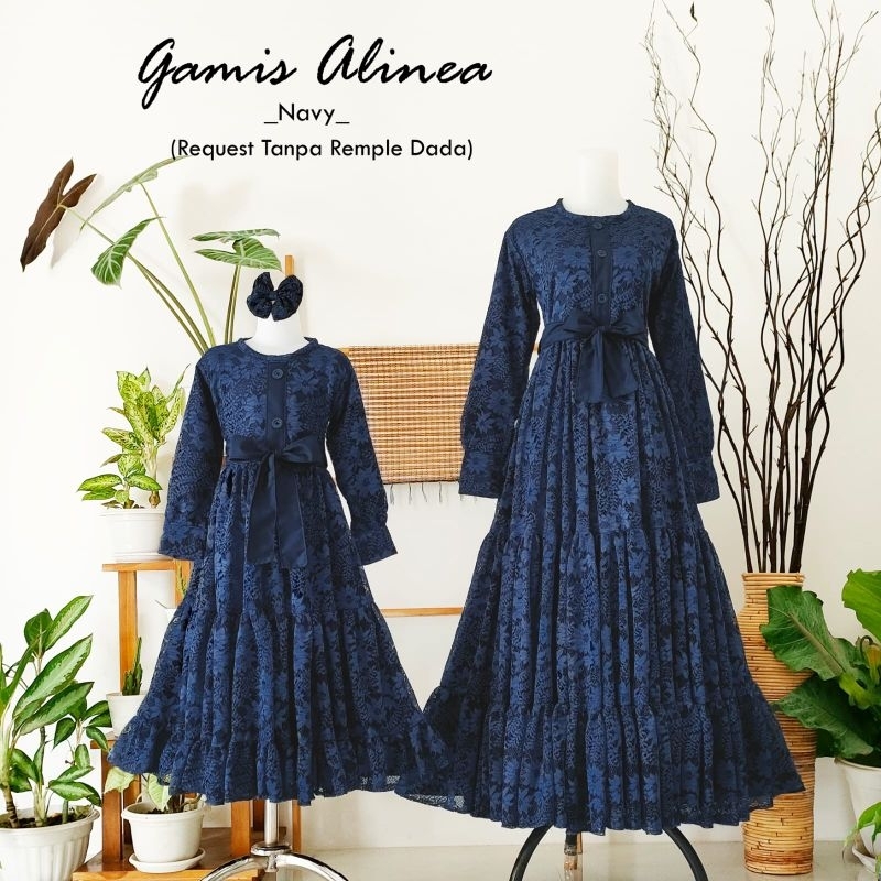 gamis alinea navy/gamis alinea couple mom kid/gamis lebaran terbaru/gamis brukat terbaru/gamis couple keluarga