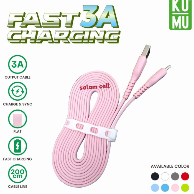 Kabel Type-C Panjang 2Meter KuMu 3A Fast Charging Original by Wellcomm Garansi Resmi