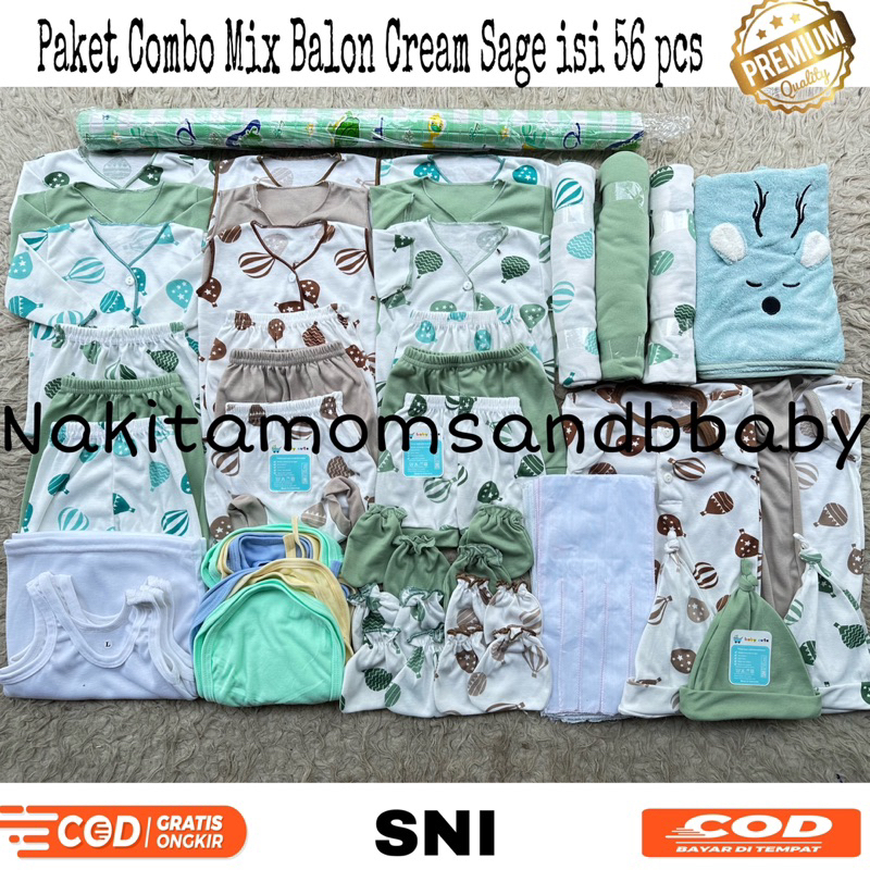 56pcs Paket Lahiran Komplit Perlengkapan Baju Bayi Celana bayi kado combo Mix Balon warna Sage Cream SNI Sale 7.7