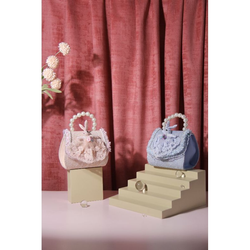 Tas selempang anak perempuan buat pesta warna pink peach & biru brukat.