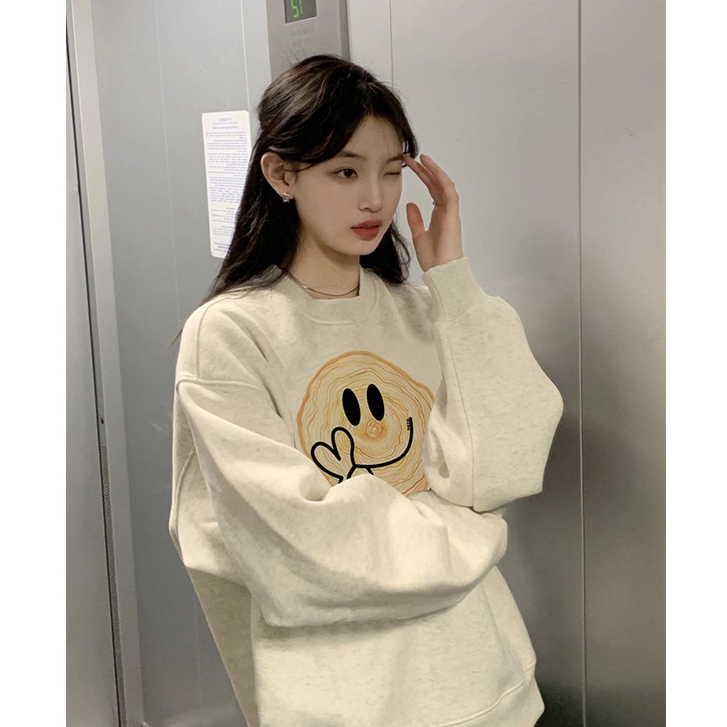 sweater cewek kekinian oversize basic motif printed sweater crewneck import sweater putih