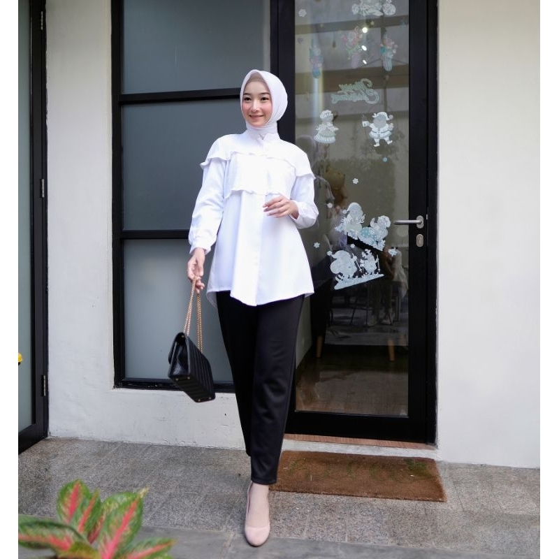Malikha Blouse Baju Atasan Putih Wanita Kerja Lengan Panjang terbaru kombinasi bordir kerut