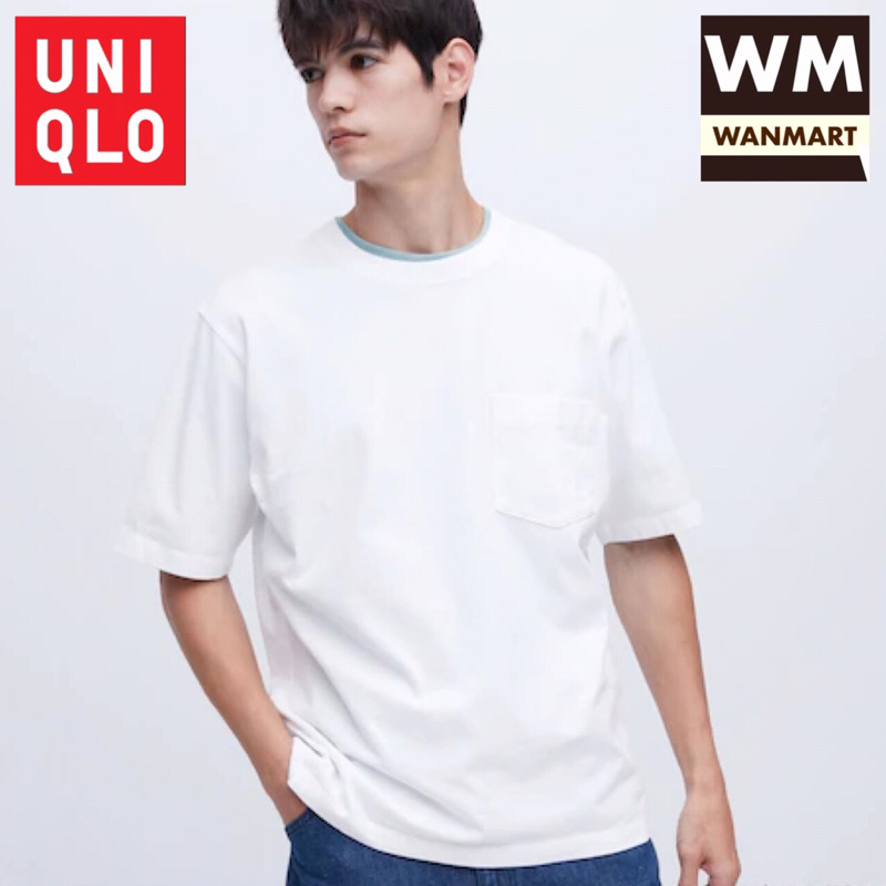 UNIQLO Men T-Shirt Kaos Pria Oversized Saku Crew Neck Lengan Half White