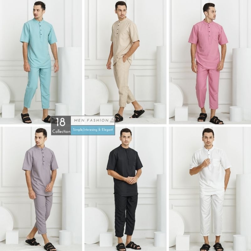 [Bisa COD] Koko Kurta Dewasa Polos Lengan Pendek Satu Set Baju Dan Celana