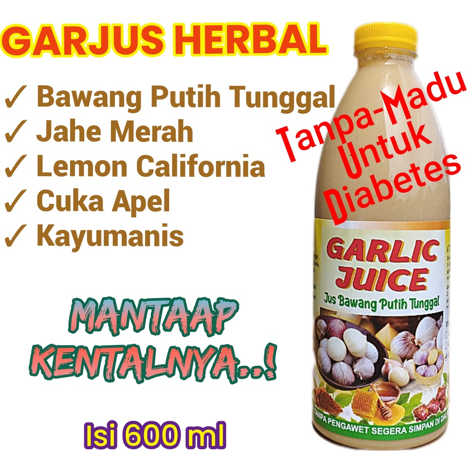 RAMUAN DIABETES (TANPA-MADU) - Jus Bawang Putih Tunggal Jahe Merah Lemon Cuka Apel Cinnamon Kayumanis - Darah Tinggi Asam Urat Kolesterol Detox Amandel Wasir Ramuan Herbal Garlic Juice Garjus 600ml