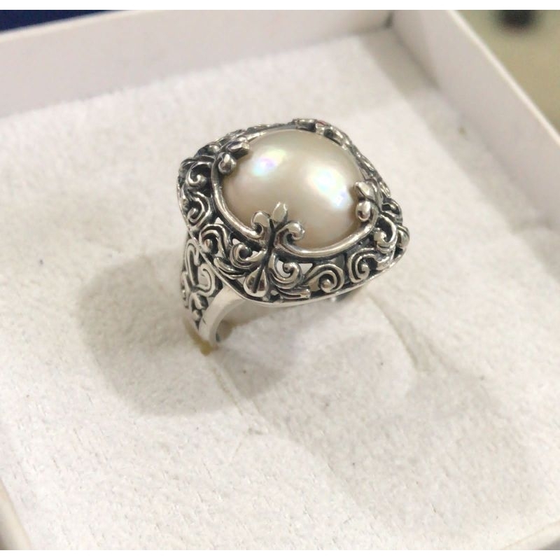 Cincin Ring Perak Silver Bali Asli 925 mutiara pearl besar jumbo ukir bunga hati Pria Laki Wanita Un