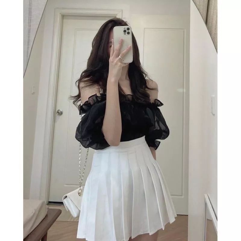 Loise puffy top sabrina ruffle atasan wanita pesta organza